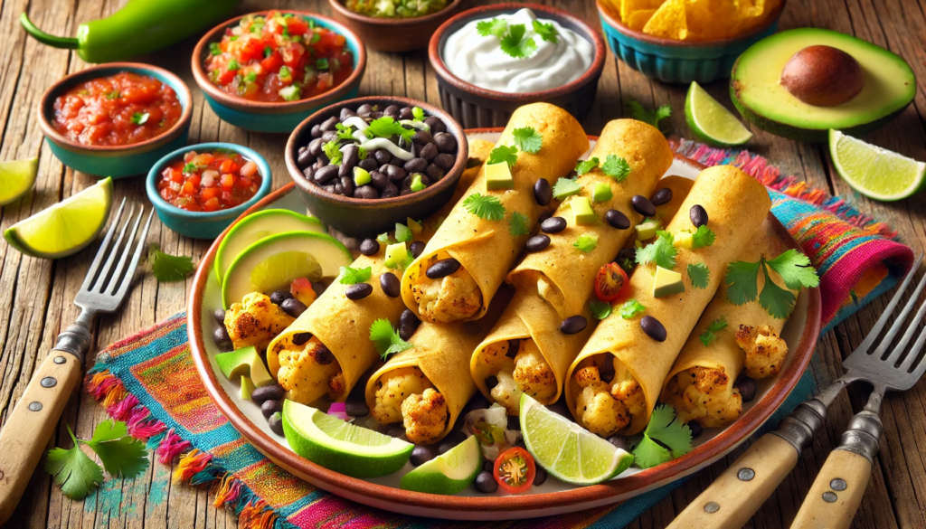 A-plate-of-crispy-golden-brown-air-fryer-taquitos-filled-with-roasted-cauliflower-and-black-beans-garnished-with-fresh-cilantro-and-avocado-slices